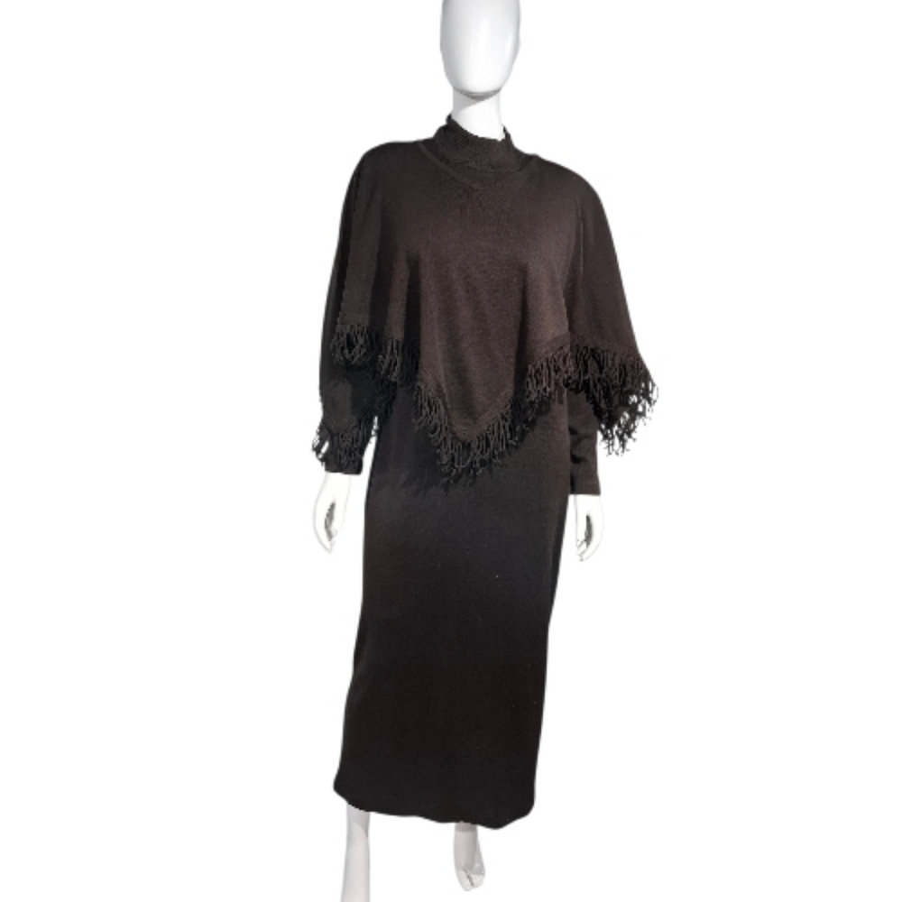 Maggy London XL Brown Wool Blend 2-Piece Knit Sweater Dress & Fringe Poncho Set - Picture 1 of 16